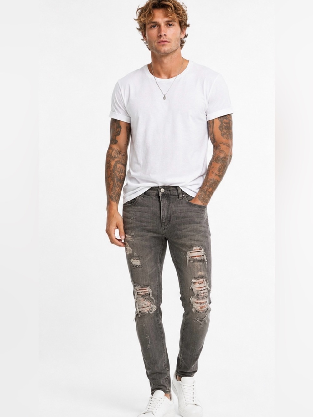 MNML Gray Distressed Skinny Stretch Denim Jeans Mens Size 32”
